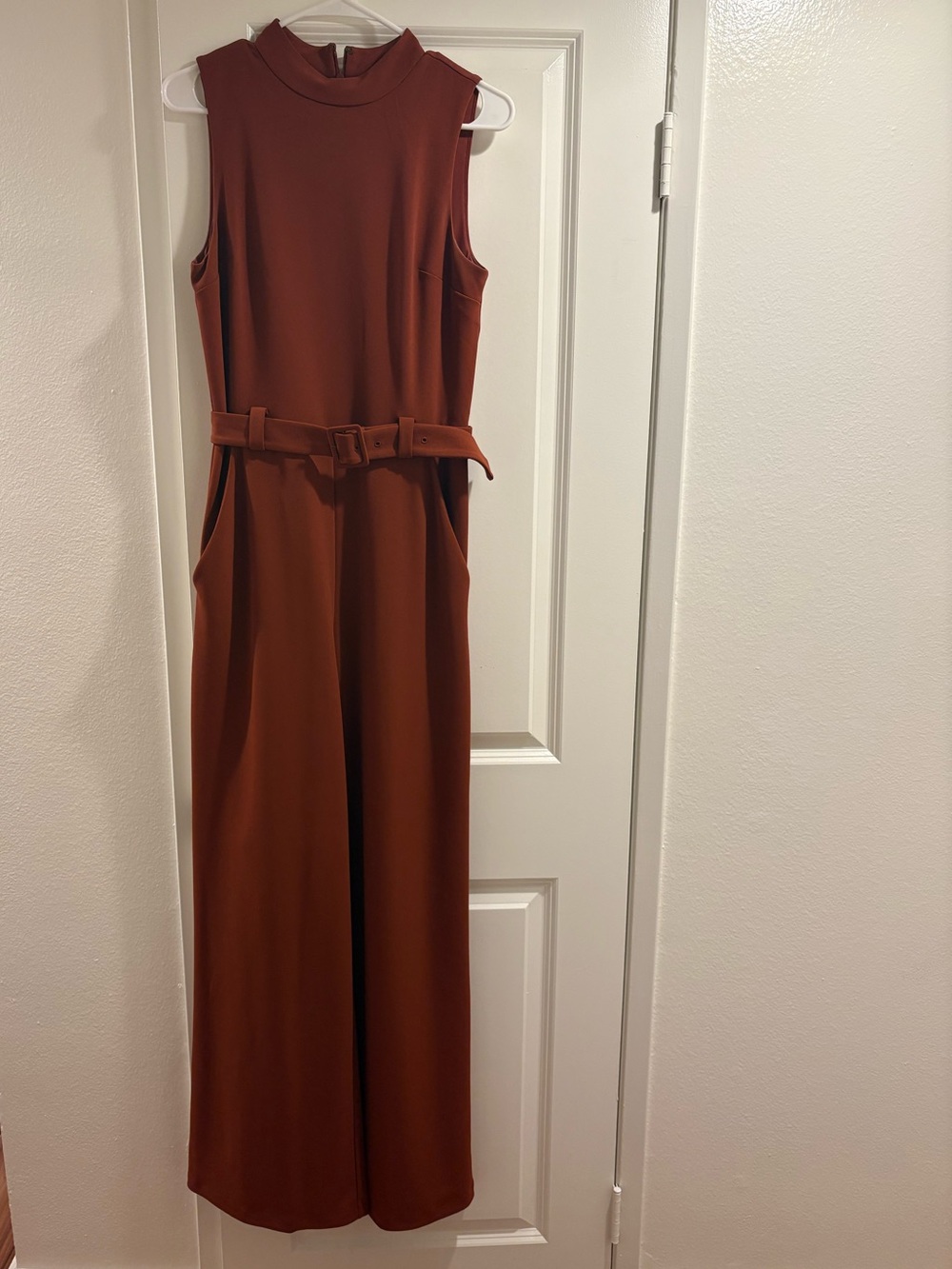 Express Sleeveless Belted Jumpsuit - Rust Brown